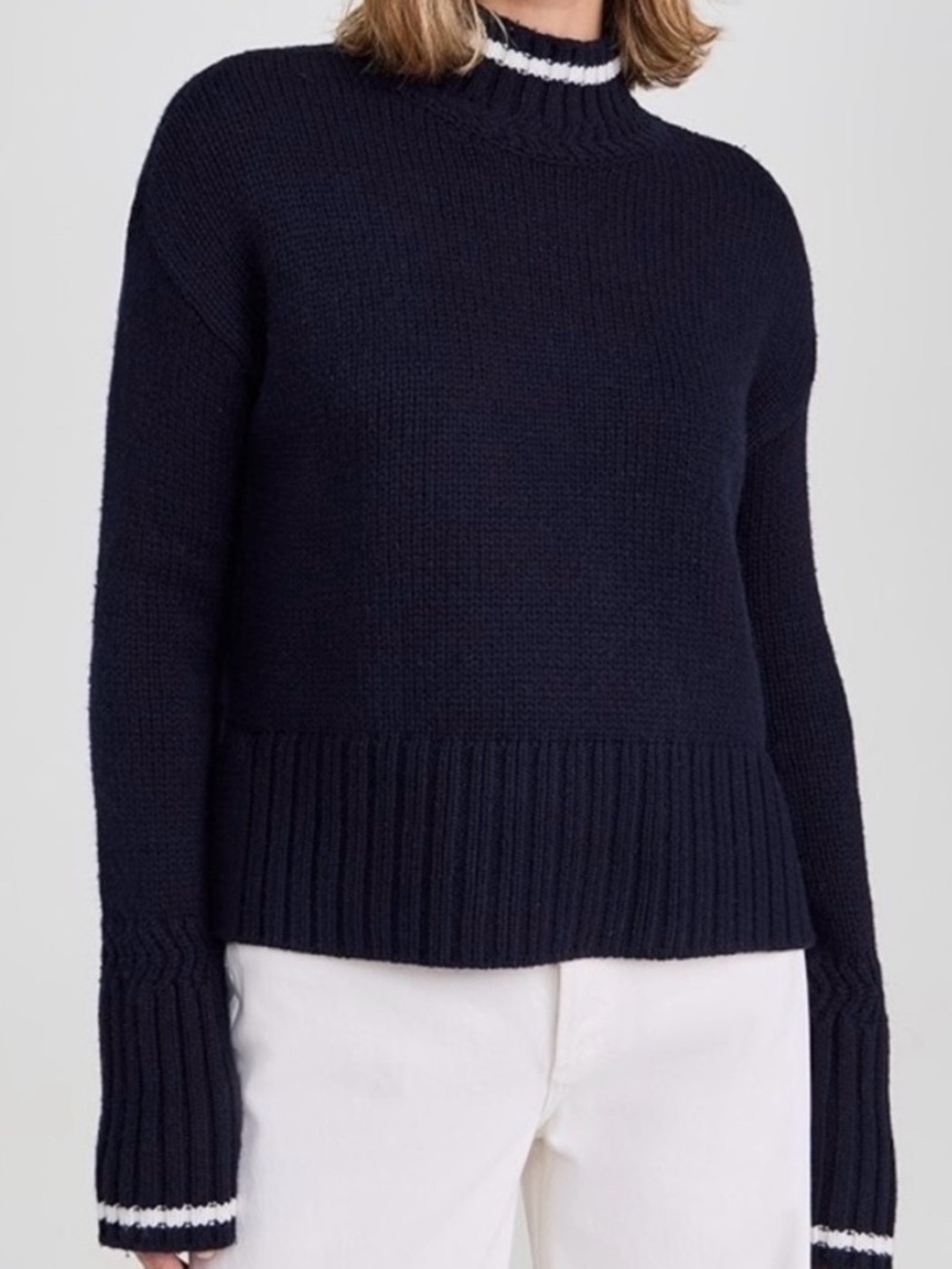 Veronica Beard Lancetti High Neck Ribbed Sweater Small Navy Blue White Wool Sm S